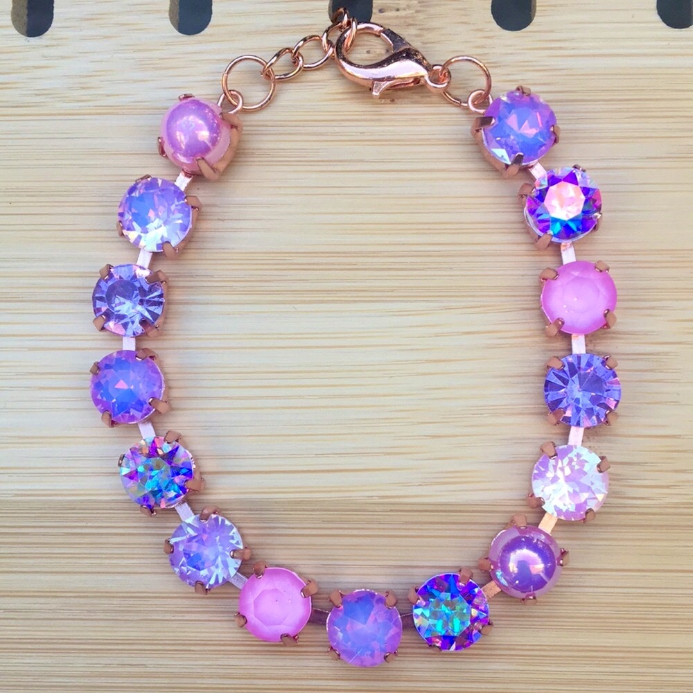 Pink Rose+Purple Amethyst Opal Aurora Borealis Rose Gold Crystal Tennis Bracelet - Picture 4 of 10